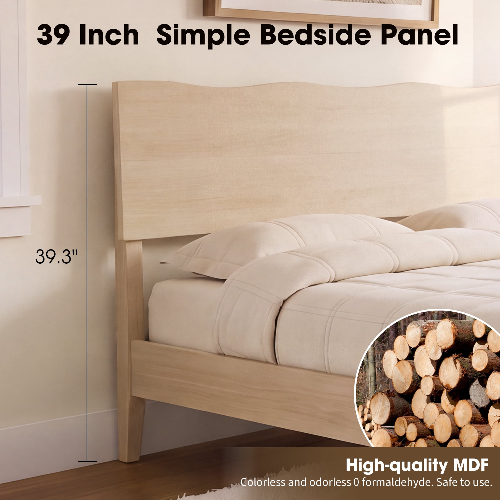 Queen Size Bed Frame with Minimalist Wave Headboard, Wooden Platform Bed Frame with Solid Wood Legs and Mid-Beam Support for Bedroom Furniture, Beige