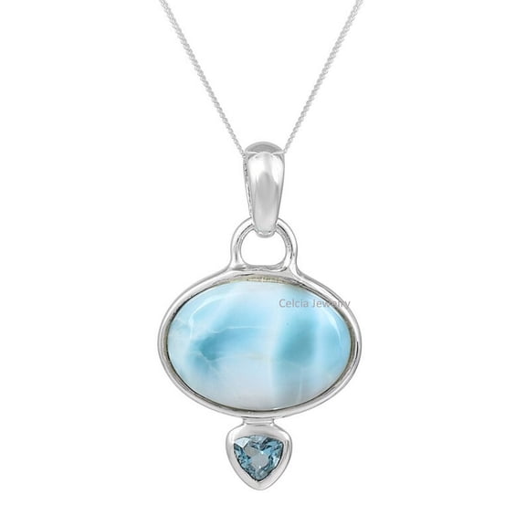 Solid 925 Sterling Silver Necklace For Women, Genuine Larimar And Blue Topaz Multi Gemstone Unique Handcrafted Necklace For Her