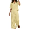 thumbnail image 2 of Zynoxe Womens Plus Size Summer Sets Lounge Lapel Top Wide Leg Pants Business Casual Outfits Cotton Linen Peasant Gauze Matching Outfits ClothingYellowXL, 2 of 9
