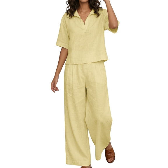 Pounoo Linen Sets for Women 2 Piece Collared Split Neck Cropped Top High Waist Pleated Wide Leg Pants Summer Resort Casual Matching Outfits Gift