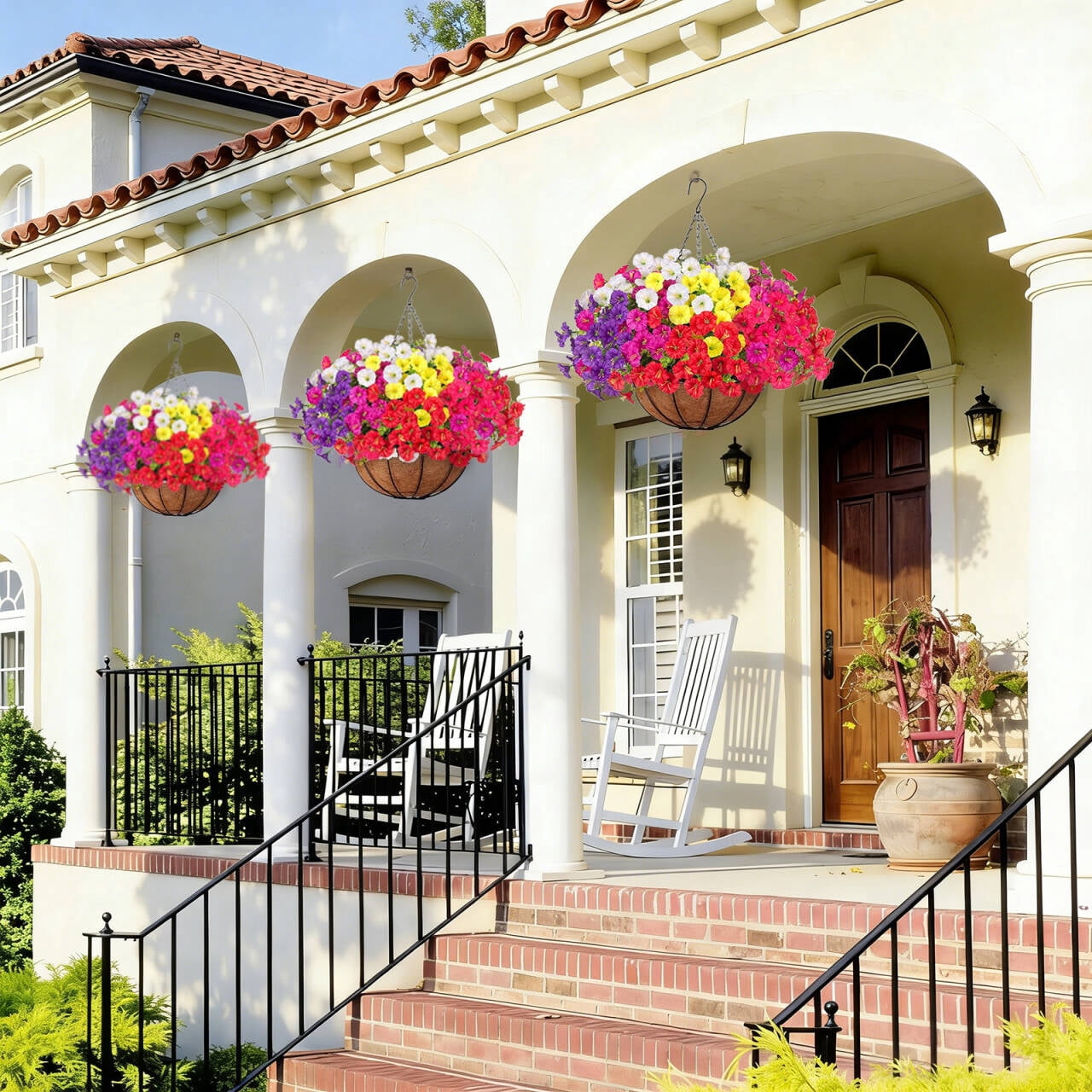 AcerichFad Artificial Hanging Flowers, 12 PCS Outdoors Fake Flowers Faux Plants with Coconut Lining Basket for Spring Summer Home Decoration, Multicolor