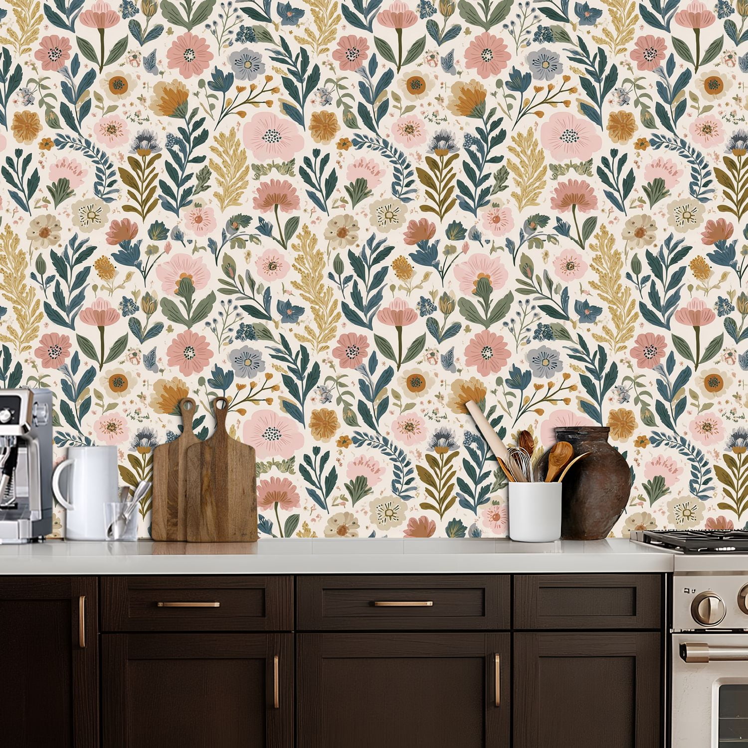 Peel and Stick Wallpaper Botanical Floral Soft Pink Yellow Green Flowers Wall Mural 17.7in x 9.8ft Self Adhesive Removable Wall Paper Renter Friendly Wallpaper for Nursery Bedroom Cabinets