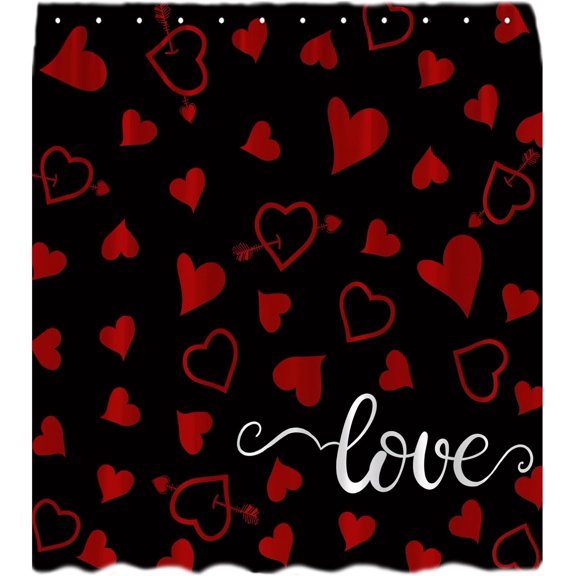 Valentine''s Day Shower Curtain Black Red Love Heart Romantic Sweetheart Sweet Couple Lover Theme Holiday Bathroom Curtains Decor with Hooks