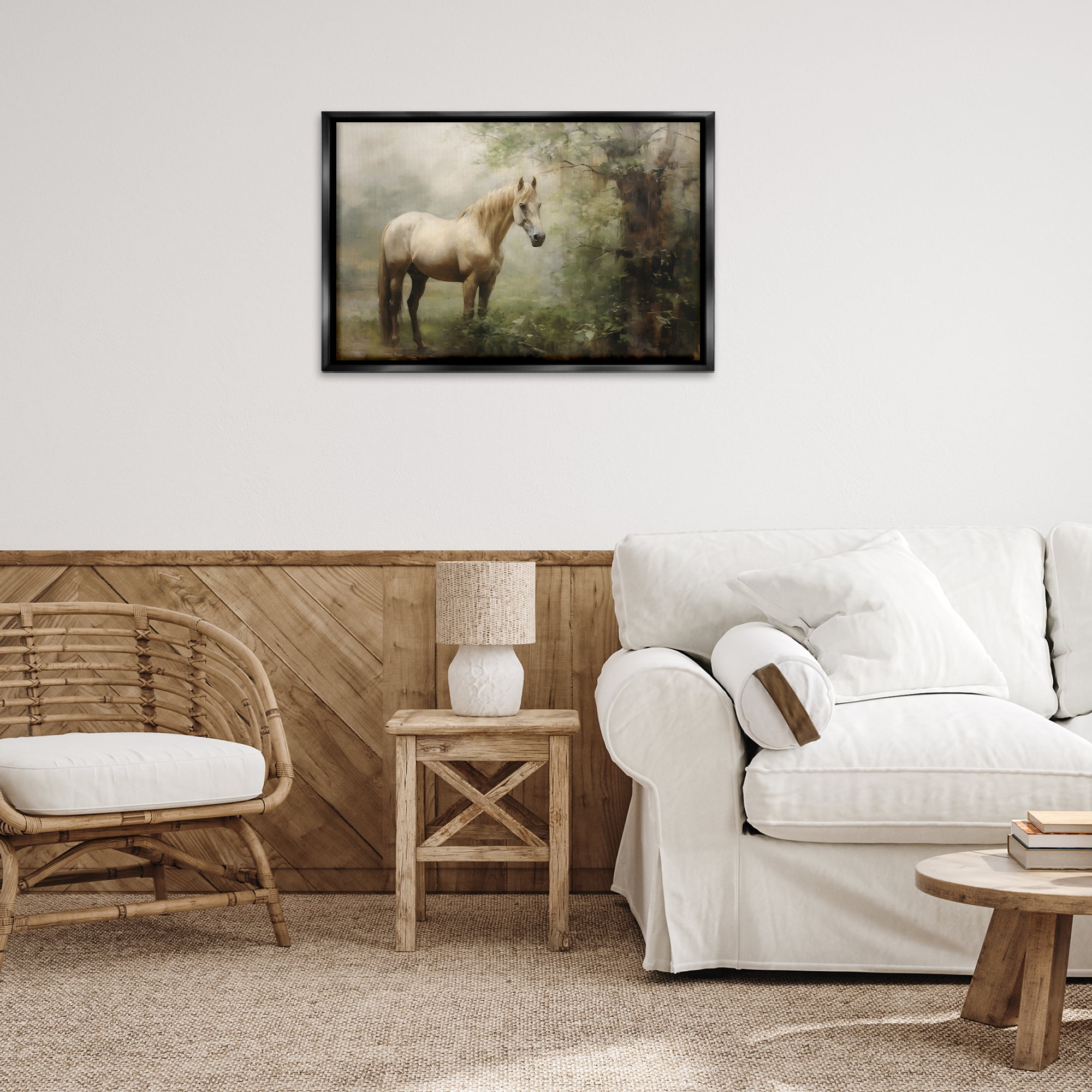 Stupell Industries Horse in Forest Woods Landscape Painting Black Floater Framed Canvas Art Print Wall Art, 31 x 21