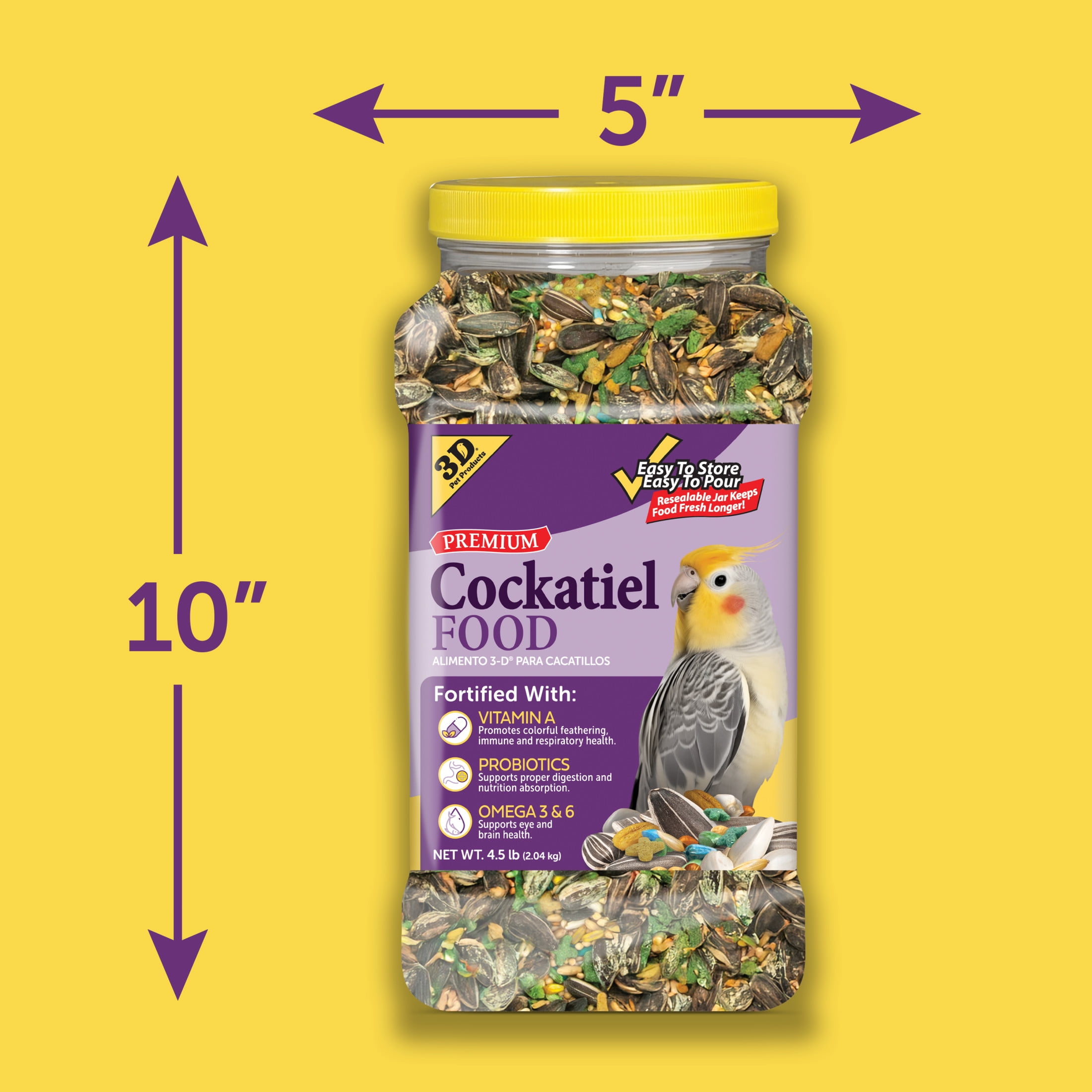(3 pack) 3-D Pet Products Premium Cockatiel Bird Food Seeds, with Probiotics, 4.5 lb. Stay Fresh Jar