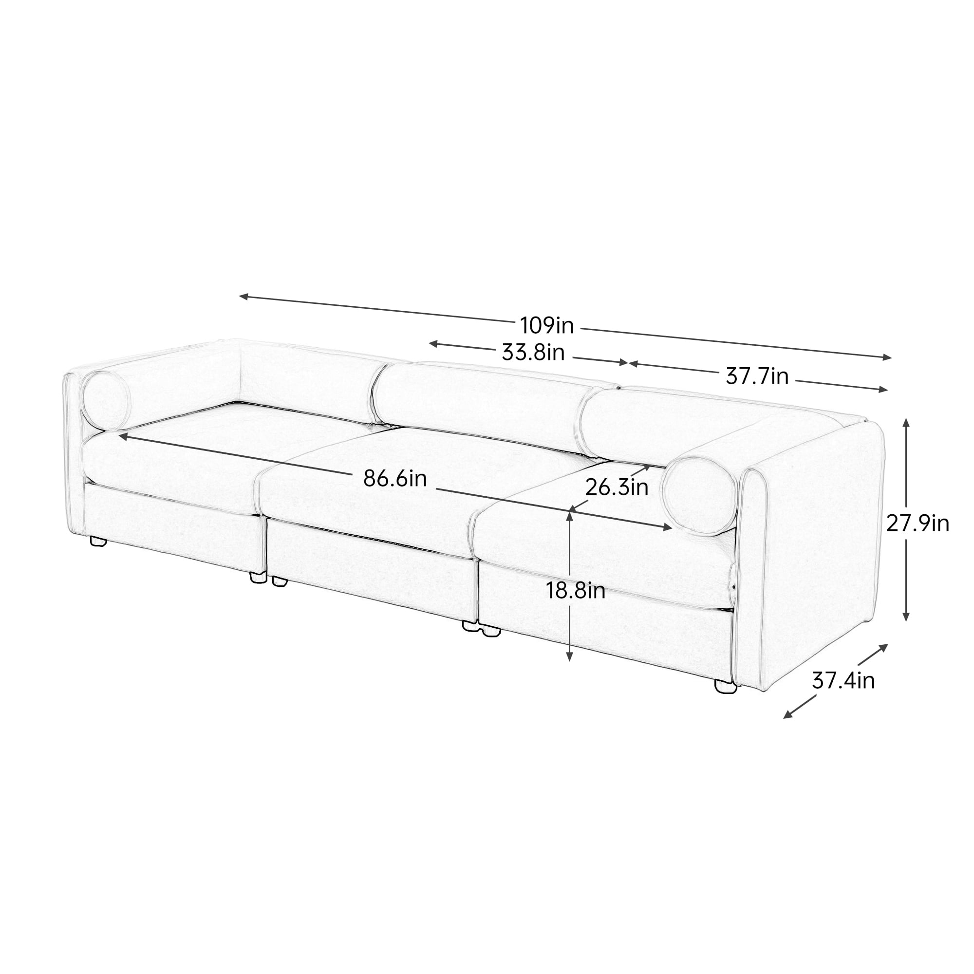 Gewnee Elegant 109" Deep Seat White Chenille Sofa with Hidden Storage Seat, Cylindrical Backrest and Armrests, Contemporary 3-Seater Couch For Compartment
