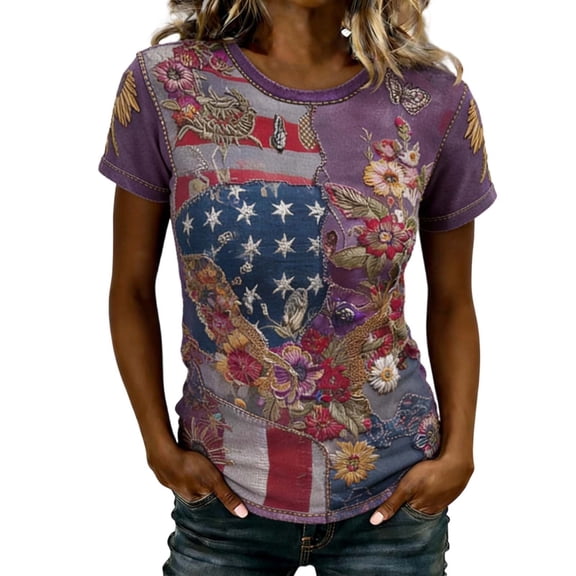 DGMIOCS 4th of July Outfits for Women Crew Neck Patriotic Tops Short Sleeve Summer T-Shirt Dark Purple L