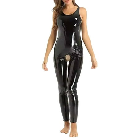 Yuhangmm Ladies Plus Size High Elastic Bright Leather PU Bright Oil Bright Leather Nightclub Zipper Long Sleeve Tights Lingerie Maternity Robe