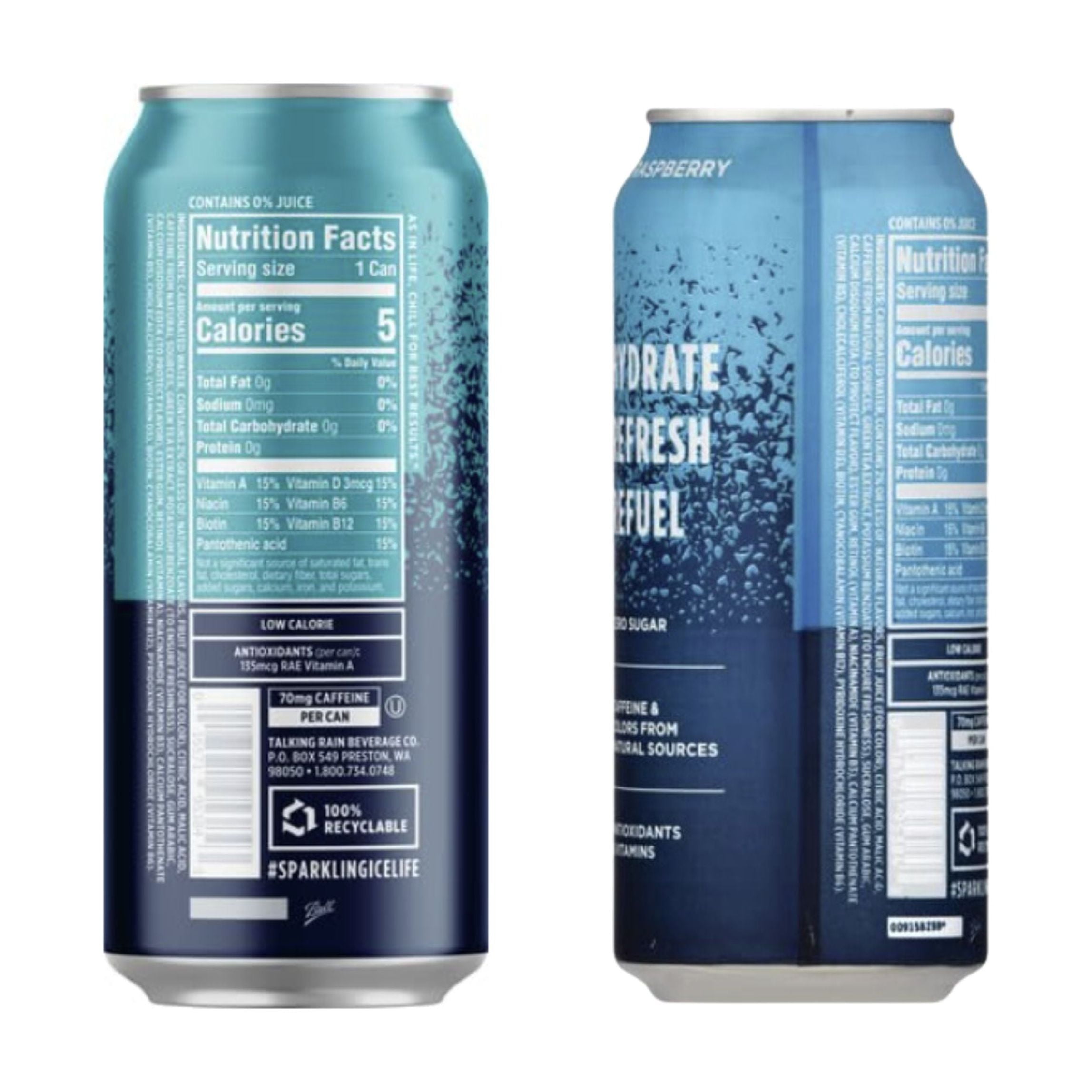 Sparkling Ice +Caffeine Blue Raspberry Sparkling Water, with Antioxidants and Vitamins, Zero Sugar, 16 Fl Oz (Pack of 8)