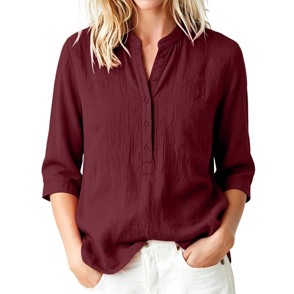 Tops for Women 3/4 Sleeve Collar Summer Casual Imitation Cotton Linen T-Shirt