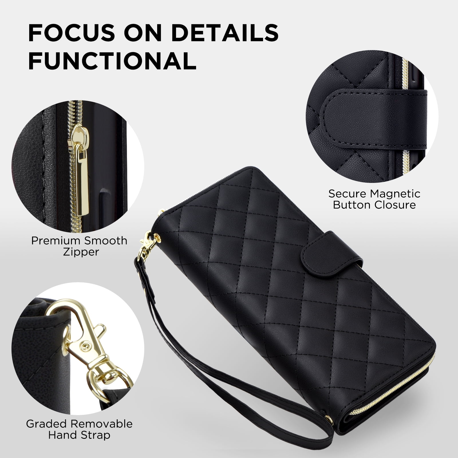 Compatible for iPhone 12 Pro / 12 6.1" Wallet Case, Crossbody Strap PU Leather Folio Phone Cover, Zipper Handbag Purse with Card Holder Lanyard Flip Stand for iPhone 12 Pro / 12 6.1", Black