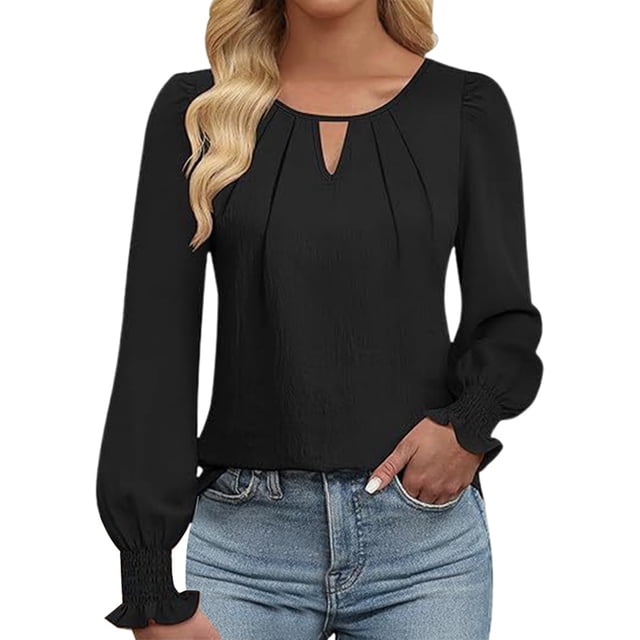 Women's Solid Color Fashion T - Shirt with Lock Hole and Pleated Design