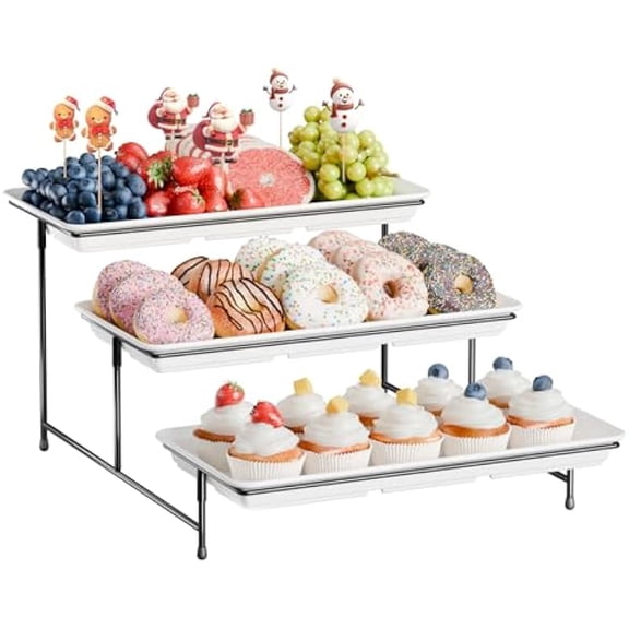 3-Tier Serving Tray Set, Metal Display Stand with 3 Serving Platters for Dessert, Appetizer, 14" Tiered Tray for Parties, Buffets, Black