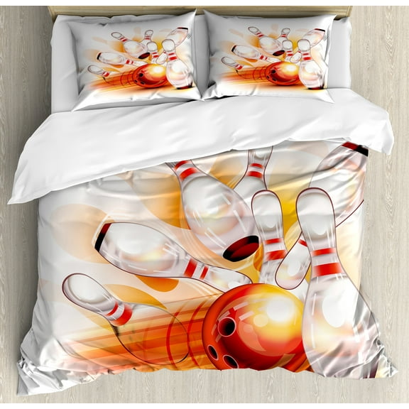 Bowling Party Duvet Cover Set, Abstract Colorful Ball Crashing into Vivid Skittles Display, Decorative 3 Piece Bedding Set with 2 Pillow Shams, King Size, Red Orange White, by Ambesonne