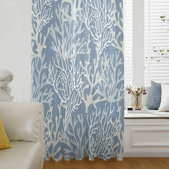 Blue Coral Coastal Semi Sheer Curtains Drapes for Living Room, Bedroom, French Doors Window 54 Inches Long, Ocean Nautical Seaside Beach Rod Pocket Chiffon Curtain Drapery Voile Draperies Panel