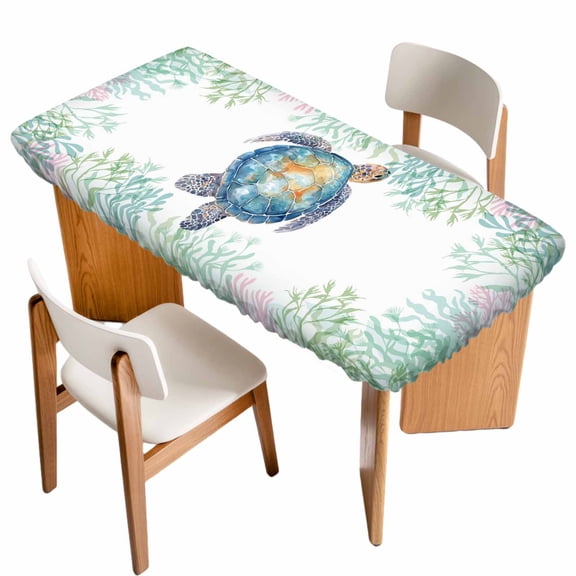 Sea Turtle Coastal Table Cloths for 6 Foot Rectangle Tables, Blue Green Summer Beach Coral Patio Waterproof Elastic Fitted Tablecloths, Washable Rectangular Table Cover for Camping