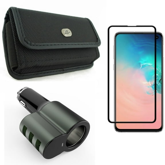 Galaxy S10e Case Belt Clip w Car Charger w Screen Protector - Rugged Holster Canvas, 25W 3-Port USB 5.1Amp, Tempered Glass 5D Curved Edge for Samsung Galaxy S10e Phone
