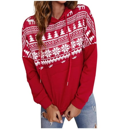

jsaierl Womens Christmas Hooded Sweatshirts Long Sleeve Christmas Graphic Top Casual Crewneck Sweatshirt Loose Fit Pullover for Women Fashion 2022