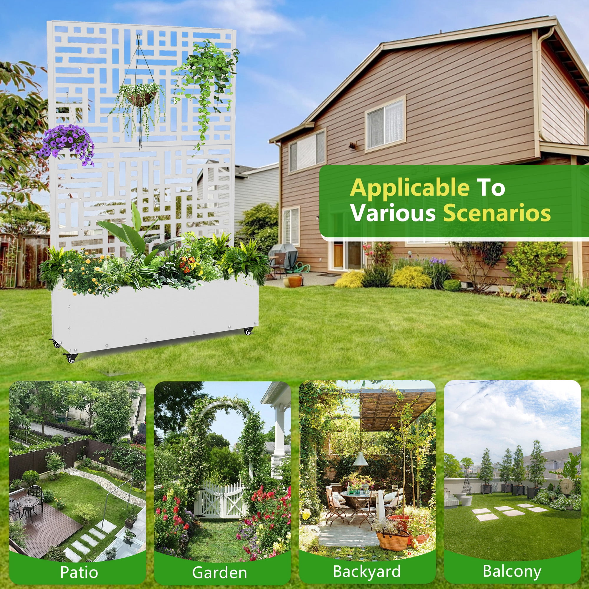 71'' H Metal Planter with Trellis and Wheels Set of 2, Outdoor Raised Garden Bed for Climbing Plants, Trellis Planter Box with Drainage Hole, White