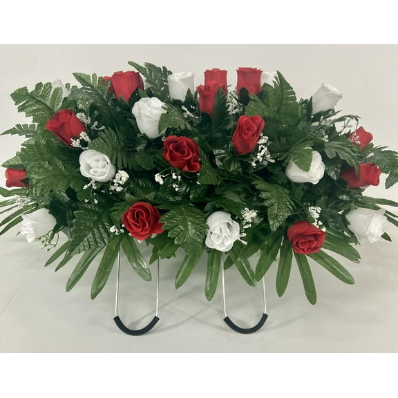 Door and Decor 24” Artificial Silk Red and White Roses Memorial Bouquet