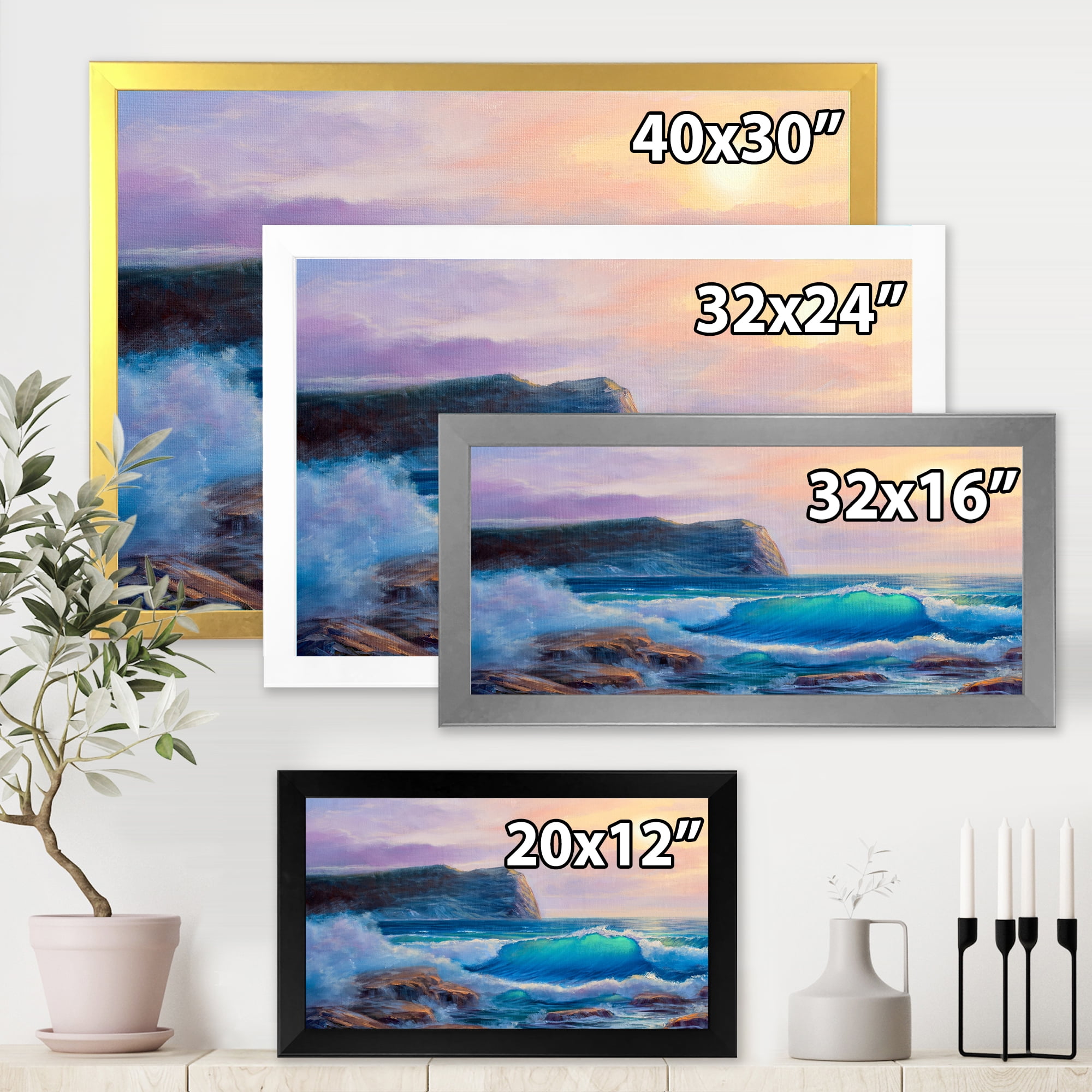 Designart 'Blue Waves Breaking At The Beach Landscape III' Nautical & Coastal Framed Art Print
