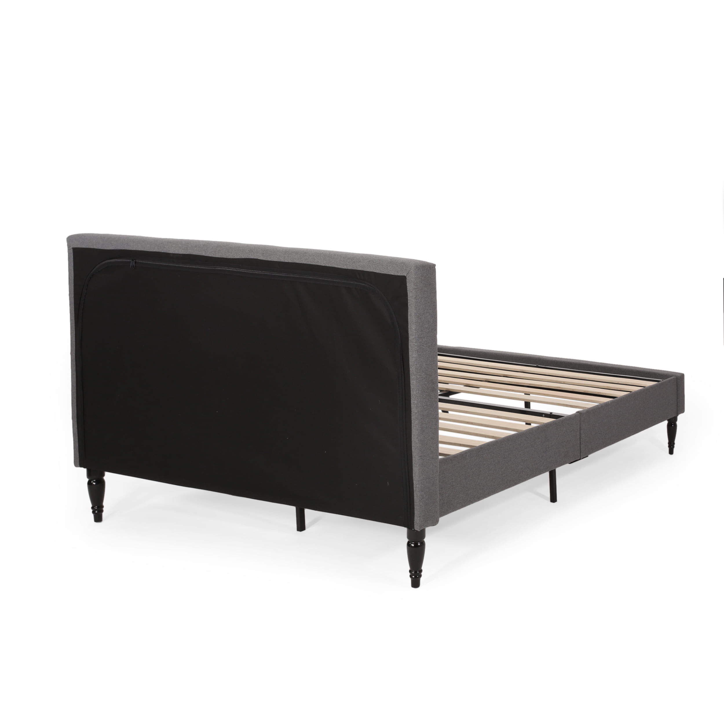 Noble House Kwan Contemporary Fully-Upholstered King Fabric Low-Profile Platform Bed Frame, Charcoal Gray, Black