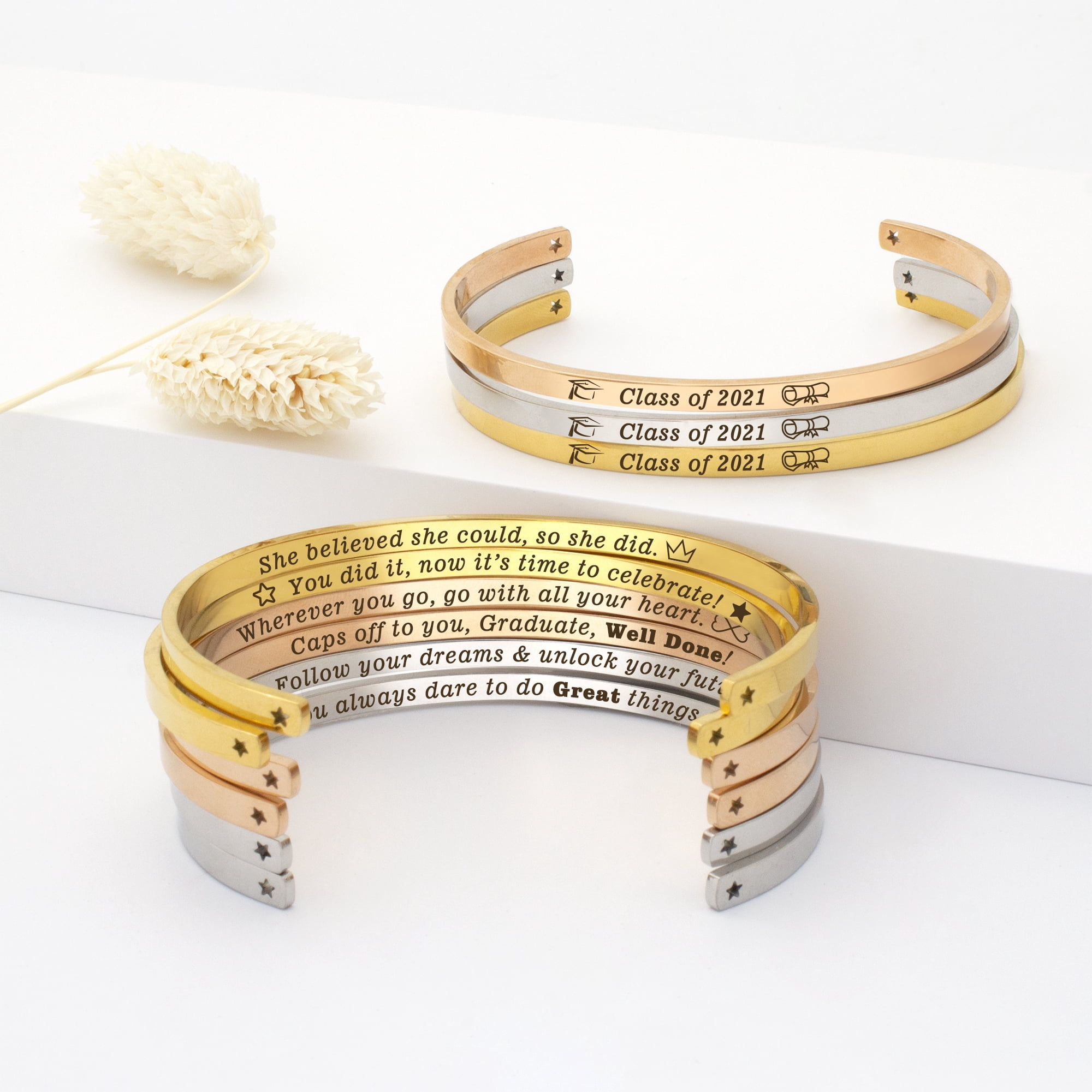 "She believed she could…" Rose Gold Stainless Steel Graduation Theme Hidden Message Gift for Her Cuff Bracelet with Gift Set