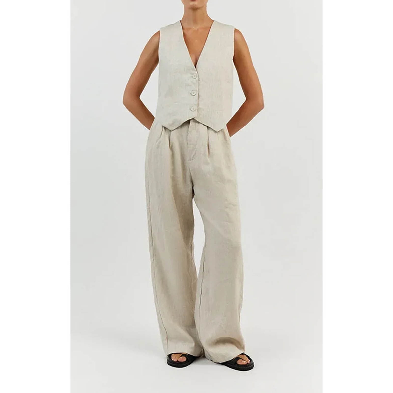 Women's Vest and Pant Set Plus Size Cotton Linen Sets Casual