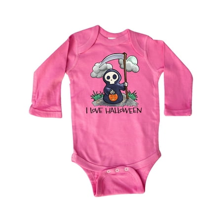 

Inktastic I Love Halloween with Cute Trick or Treating Grim Reaper Gift Baby Boy or Baby Girl Long Sleeve Bodysuit