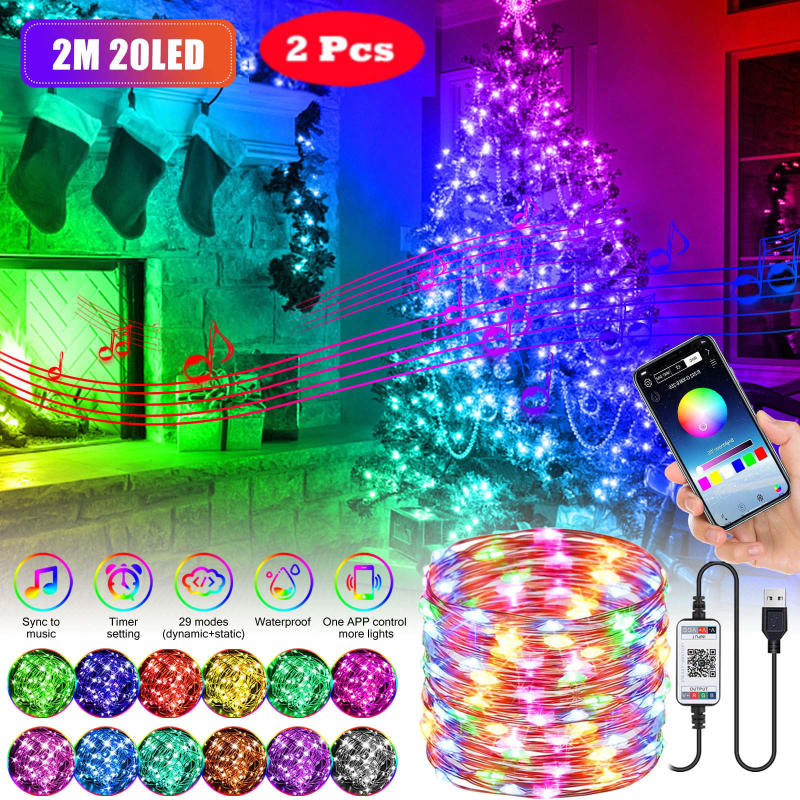 Christmas Tree Deco RGB LED String Lights Smart Blootooth IR Remote Phone App 
