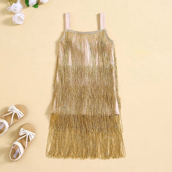 Huowey Girls Sequins Dress Fringe Latin Spaghetti Strap Solid Color Tassel Shiny Sparkly Jazz Tango Dance Dresses,Gold,6-7 Years
