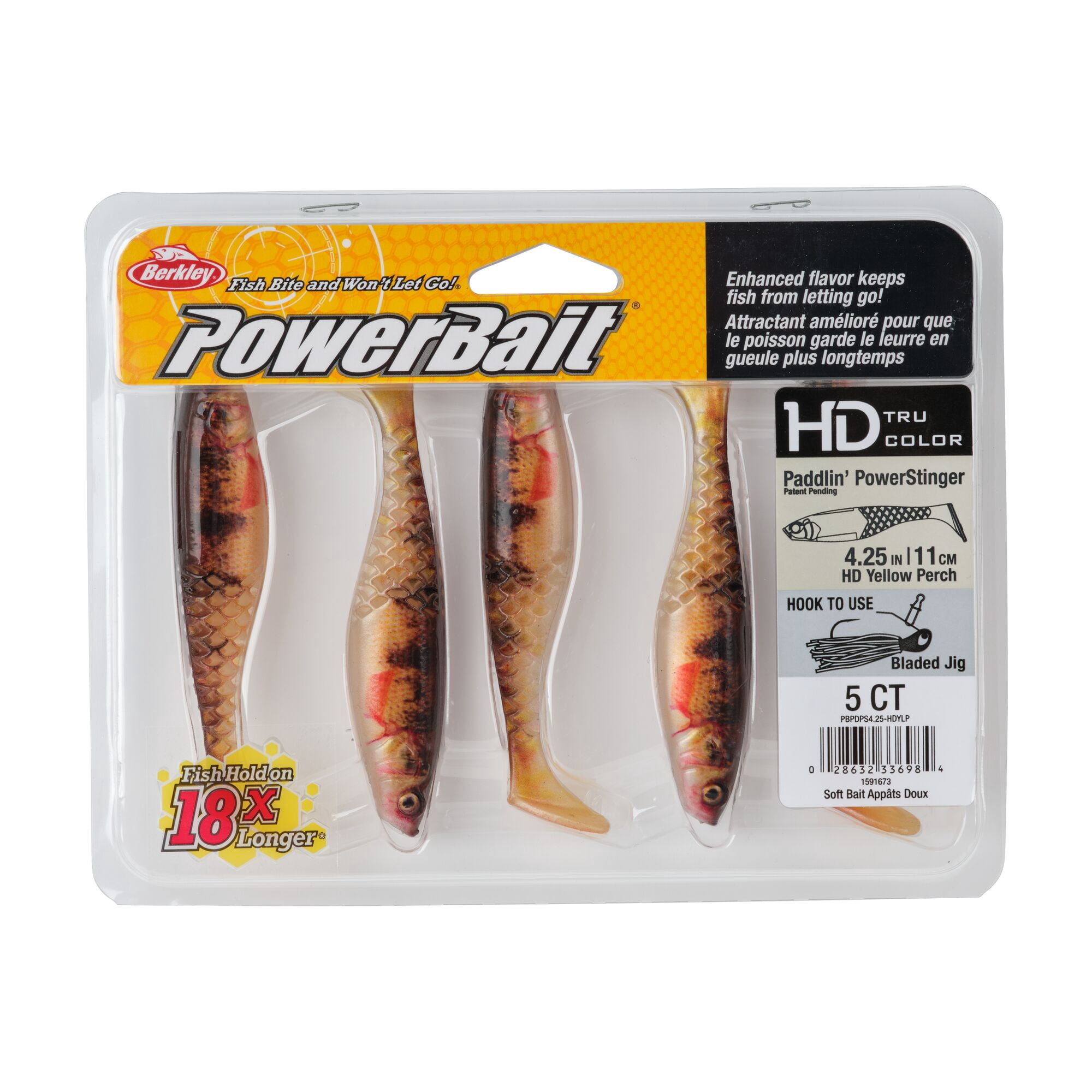 Berkley PowerBait® Paddlin' PowerStinger, 4.25 in, Swimbaits - Paddle Tail, HD Yellow Perch (5-count)