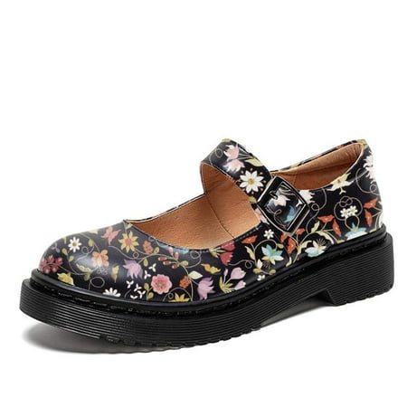 YDN Women Classic Mary Jane Flats Round Closed Toe Platform Adjustable Single Ankle Strap Buckle Pumps Casual Cosplay School Dress Shoes Size 6 Multicolor Flower