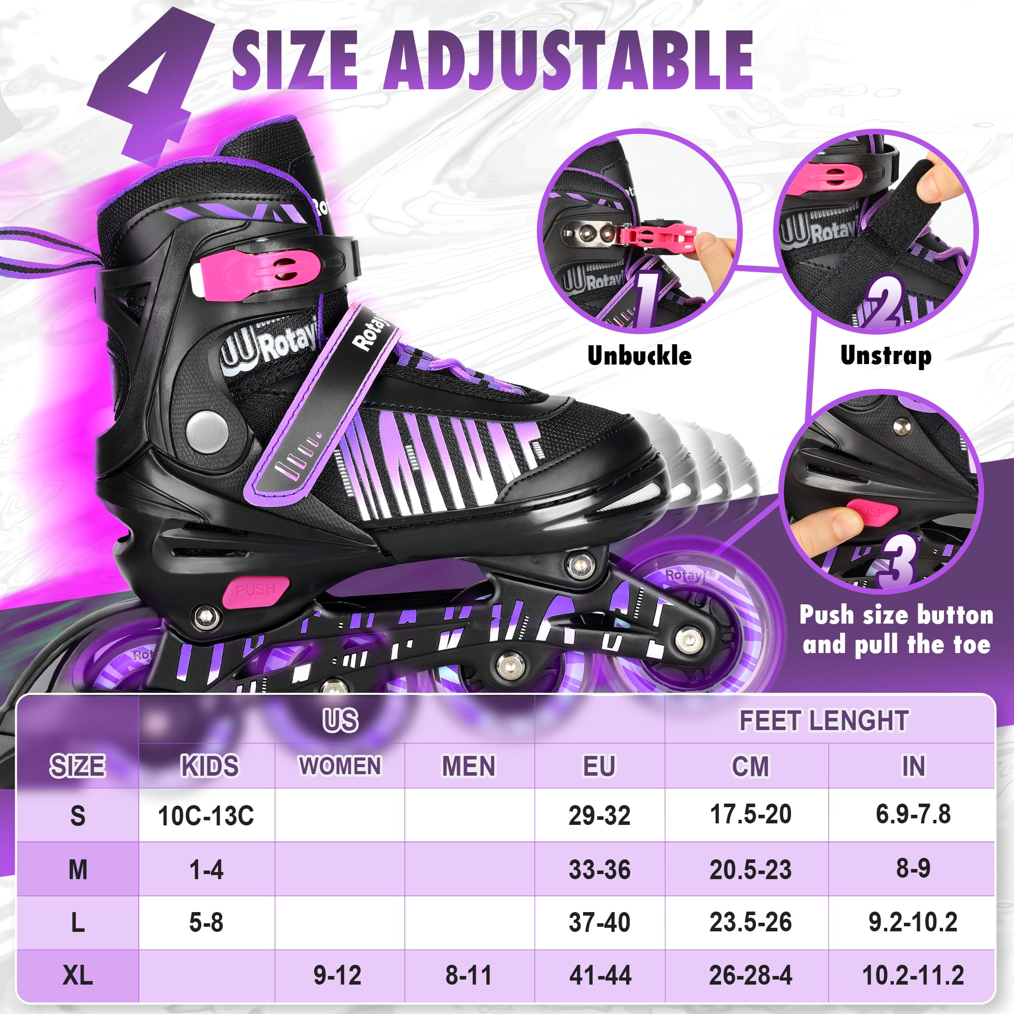 TaroKitc Adjustable Inline Skates for Kids and Adult, Girls, Boys with All Light up Wheels, Purple(Size 10C-13C)