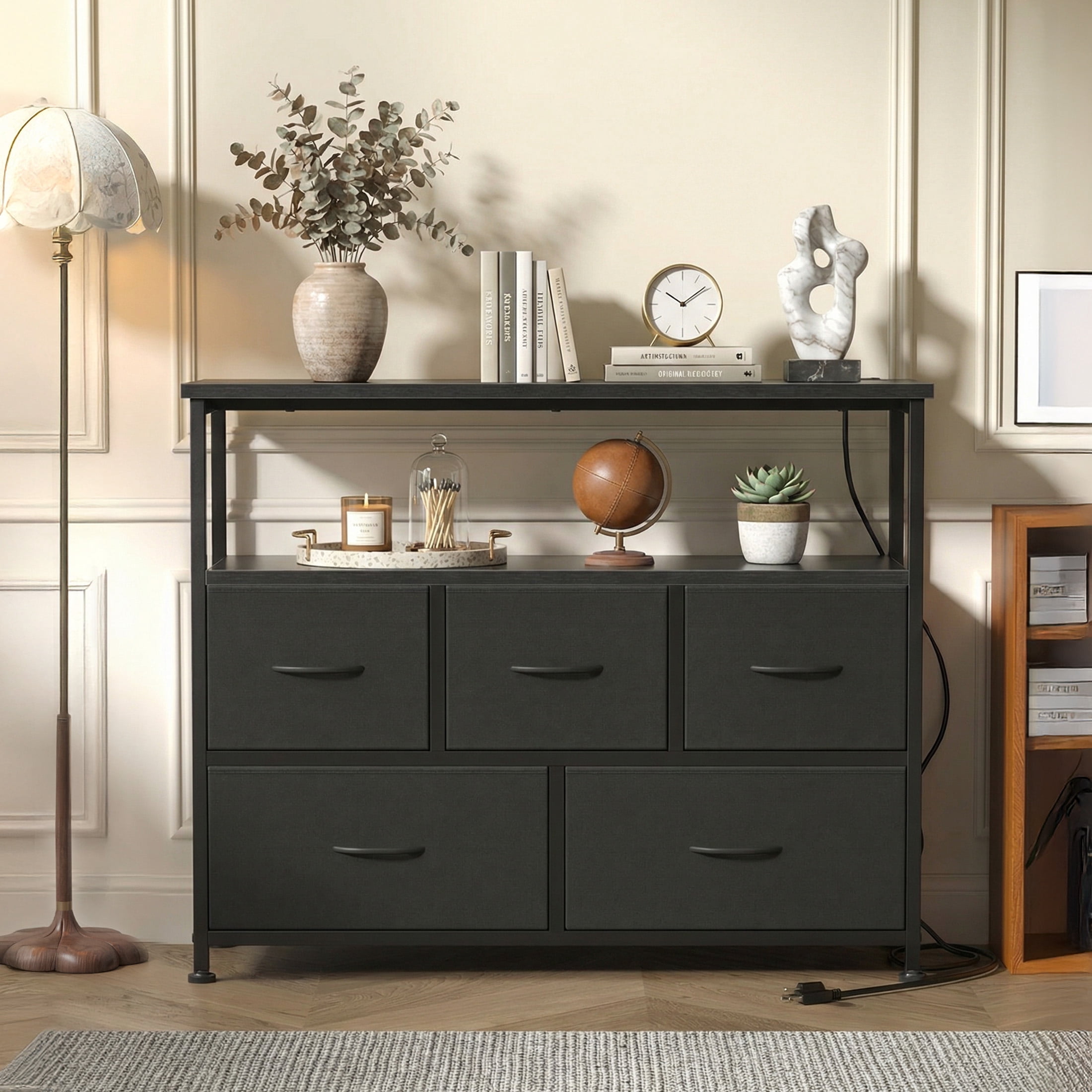 edx 5 Drawers TV Stand Dresser for 45" TV, Modern Media Console with Charging Station & 2 Shelves, Storage Organizer for Bedroom Living Room, Black