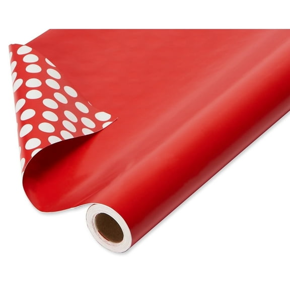 American Greetings Reversible Wrapping Paper Jumbo Roll, Solid Red and White Polka Dots (1 Roll, 175 Sq. ft.)