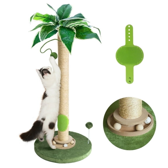 Fantasreen Sisal Cat Scratching Post 35'', Tall Cat Scratcher with Toy, Track Ball with Self Groomer, Green, Large