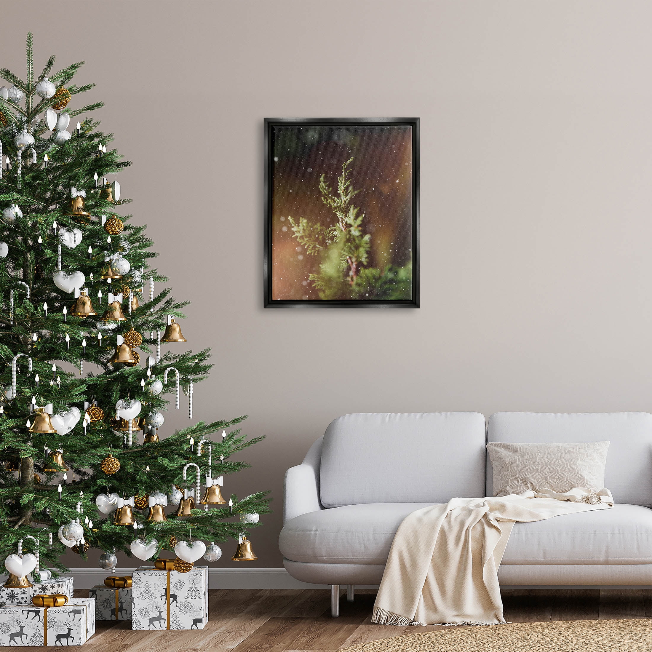 Winter Snowfall Night Pine Tree Holiday Photograph Jet Black Framed Art Print Wall Art