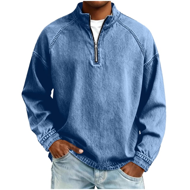 Hombres Zip Up Sudadera con Capucha de Pie Cuello Lavado Denim Afligido Medio Cremallera Manga Larga Casual Superior Poliéster Mezcla Chaqueta