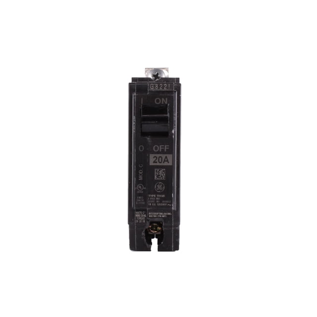 GE THQB1120 INTERRUPTOR T ATORNILLABLE 1P 20A 1 interruptor termomagnético negro en vista frontal centrada con palanca marcada ON/OFF, leyenda 20A legible, orificio de atornillado superior e inferior para conexión al bus y cuerpo compacto de 1 pulgada de ancho. A menudo se usa en centros de carga residenciales y es adecuado para montaje en paneles de iluminación.