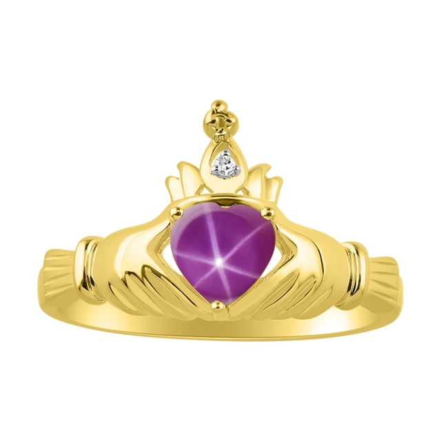RYLOS Rings 14K Yellow Gold Claddah Love, Loyalty & Friendship Ring Heart 6MM Gemstone & Diamond Claddagh Rings July Star Ruby Jewelry Size 9