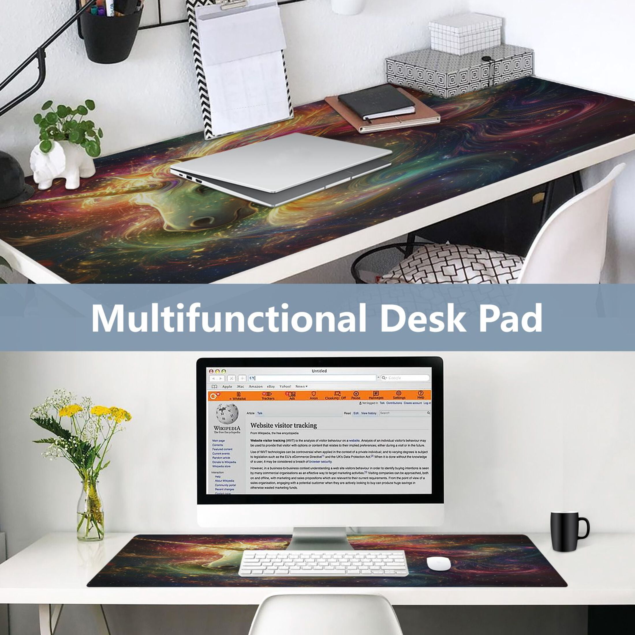 Leather Keyboard and Mouse Desk Mat Office Desk Accessories Protective Office Desk Decor Desk Pad Mat for Gaming, Work from Home, Office Vibrant Colors Unicorn 16.5" x 35.4"