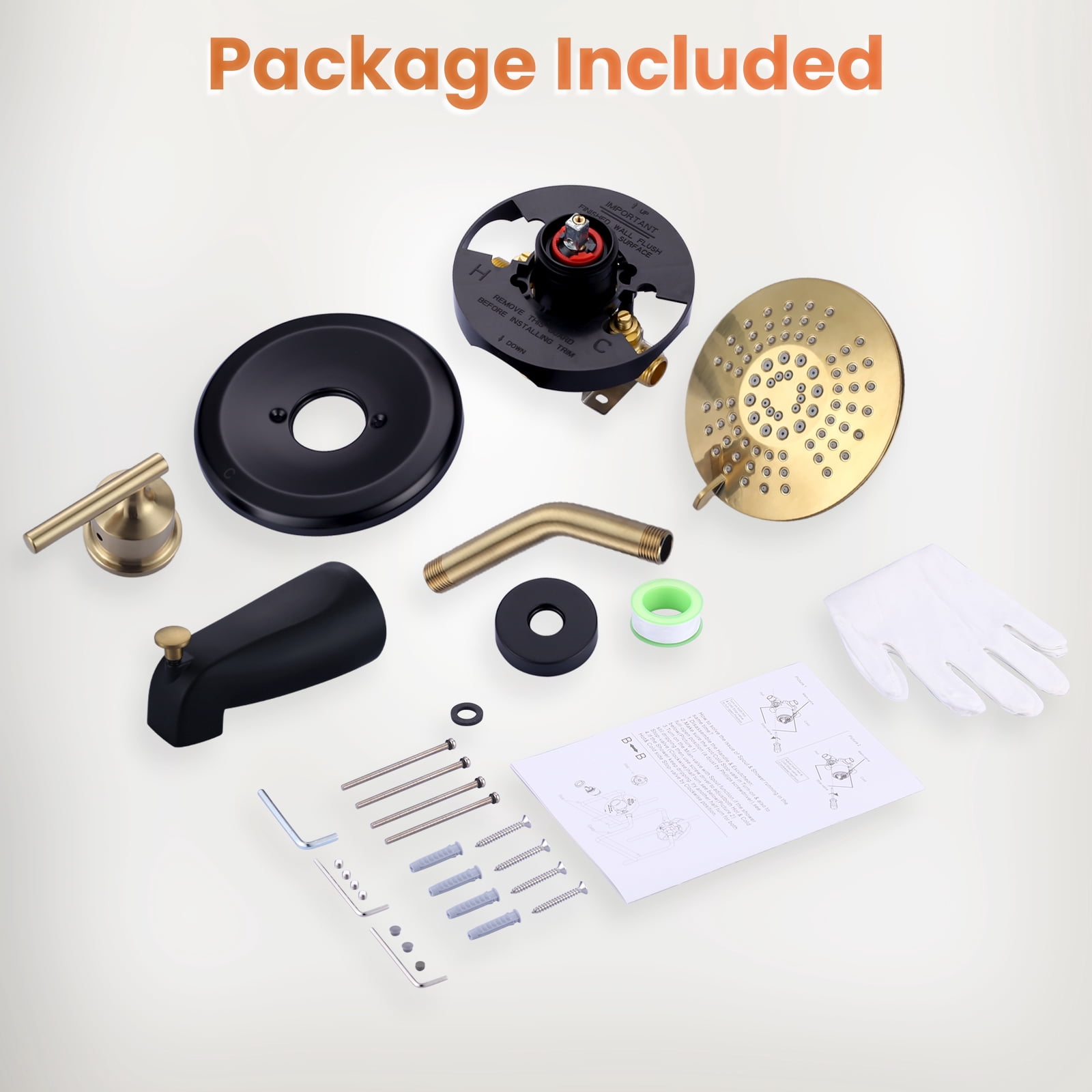 Wowow Single-Handle 5-Spray Settings Round Shower Faucet with Tub Spout in Matte Black and Gold (Valve Included)