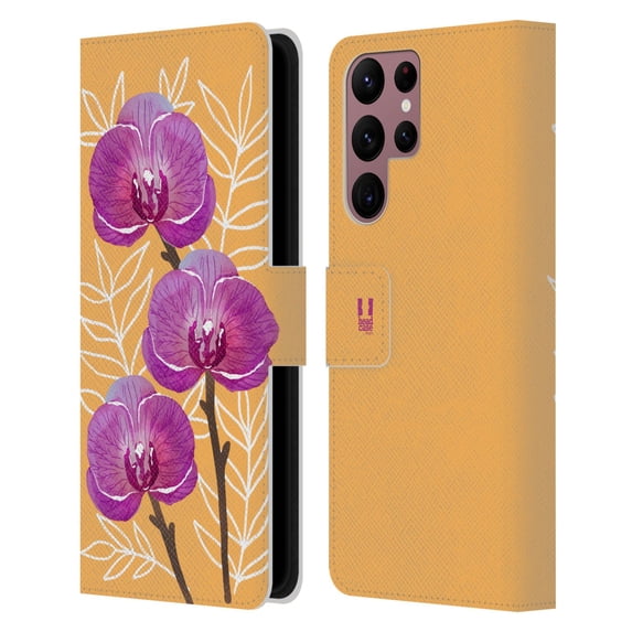 Head Case Designs Watercolour Flowers 2 Orchids Leather Book Wallet Case Cover Compatible with Samsung Galaxy S22 Ultra 5G