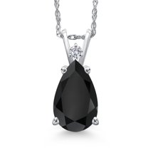 Gem Stone King 14K White Gold Black Onyx and Lab Grown Diamond Pendant Necklace for Women | 2.81 Cttw | Gemstone December Birthstone | Pear Shape 12X8MM | With 18 inch Chain