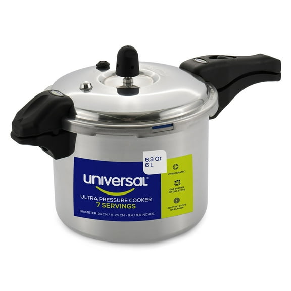 Universal (6.3 Quart / 6 Liter) Ultra Pressure Cooker, Pressure Pot with 6 Safety Systems, Aluminum Pressure Cooker for 7 Servings, Even Heat Distribution, Diameter 9.4 inches, Height 9.6 inches