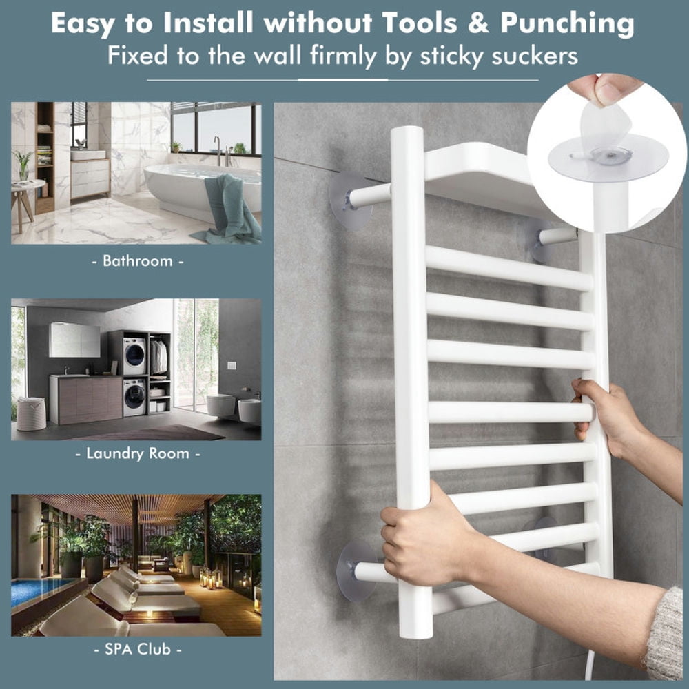 Finihen Wall Mounted Towel Rack, Electric Heated Towel Rack, 110W Electric Heated Towel Rack with Top Tray, for Bathroom and Kitchen, White