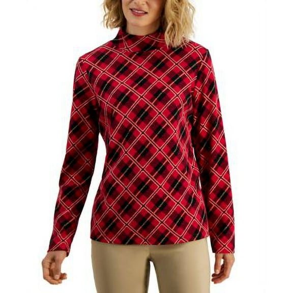 MSRP $15 Karen Scott Petite Mock-Neck Printed Top Red Size Small P