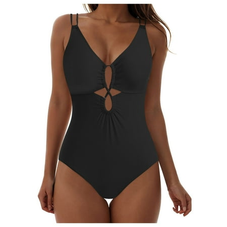 FULORRNIE Women s One-Piece Swimsuit with Cross Strap Design and V-Neckline for a Flattering and Stylish Fit  Black  L