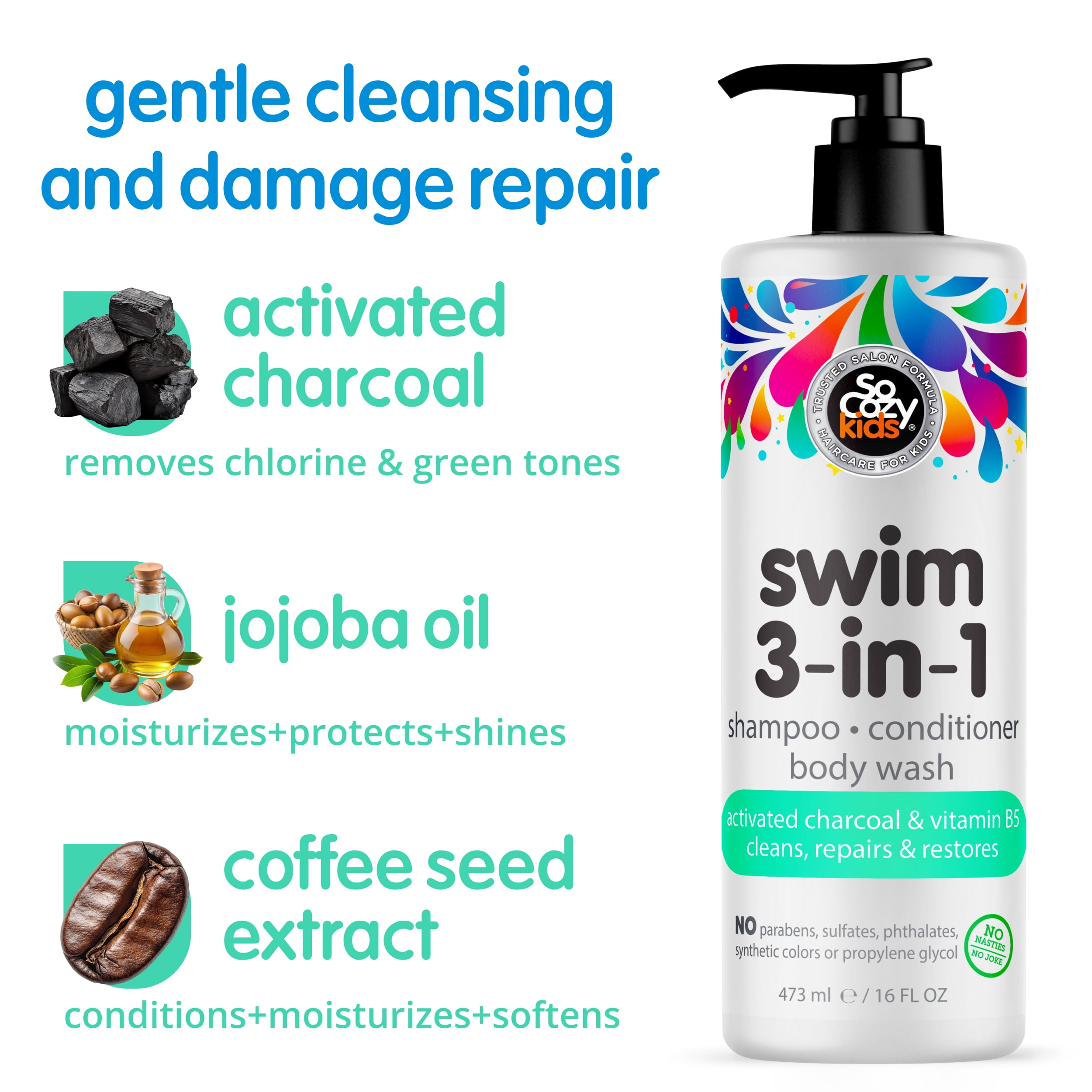 SoCozy Kids 3-in-1 Swim Shampoo + Conditioner + Body Wash, Removes Chlorine & Salt, 16 Oz